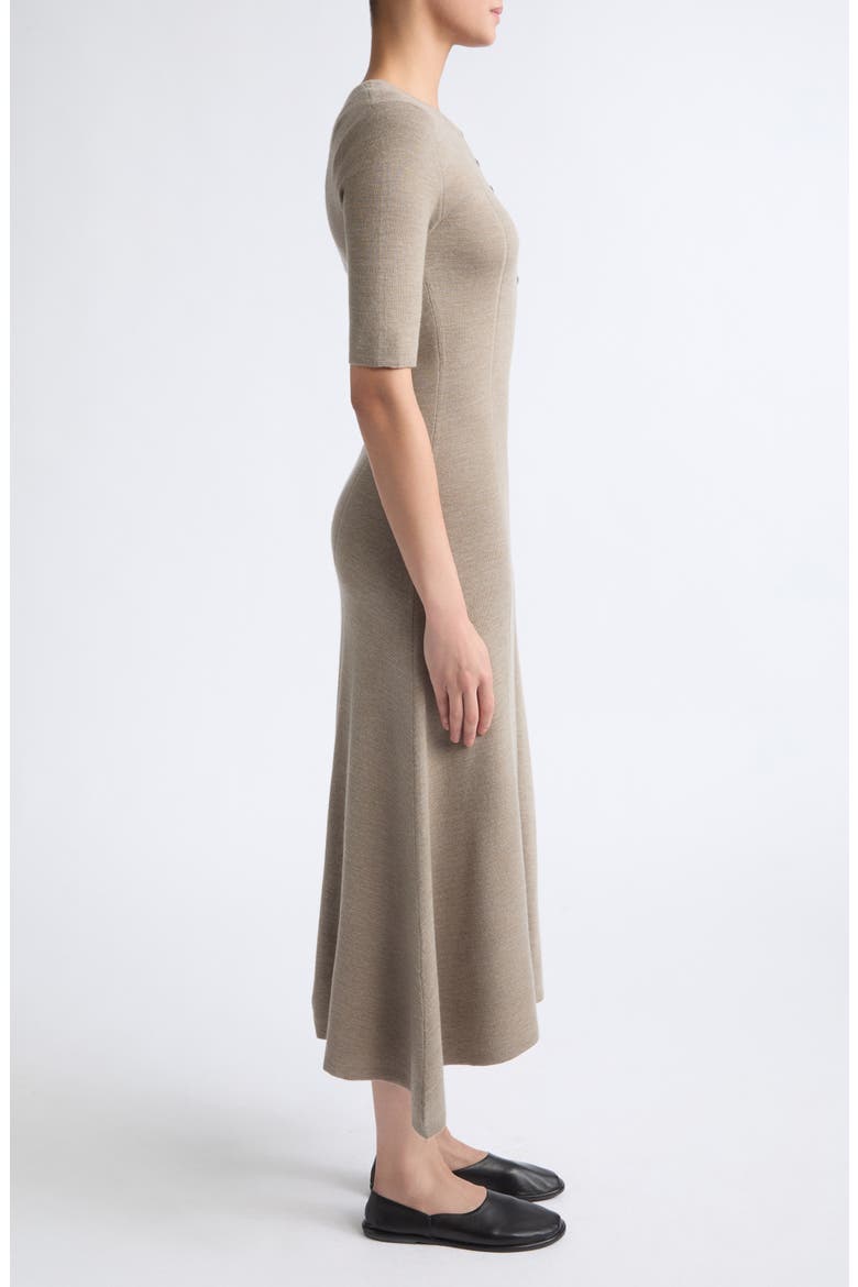 Shell Button Merino Wool Godet Dress, Alternate, color, HEATHER PEBBLE