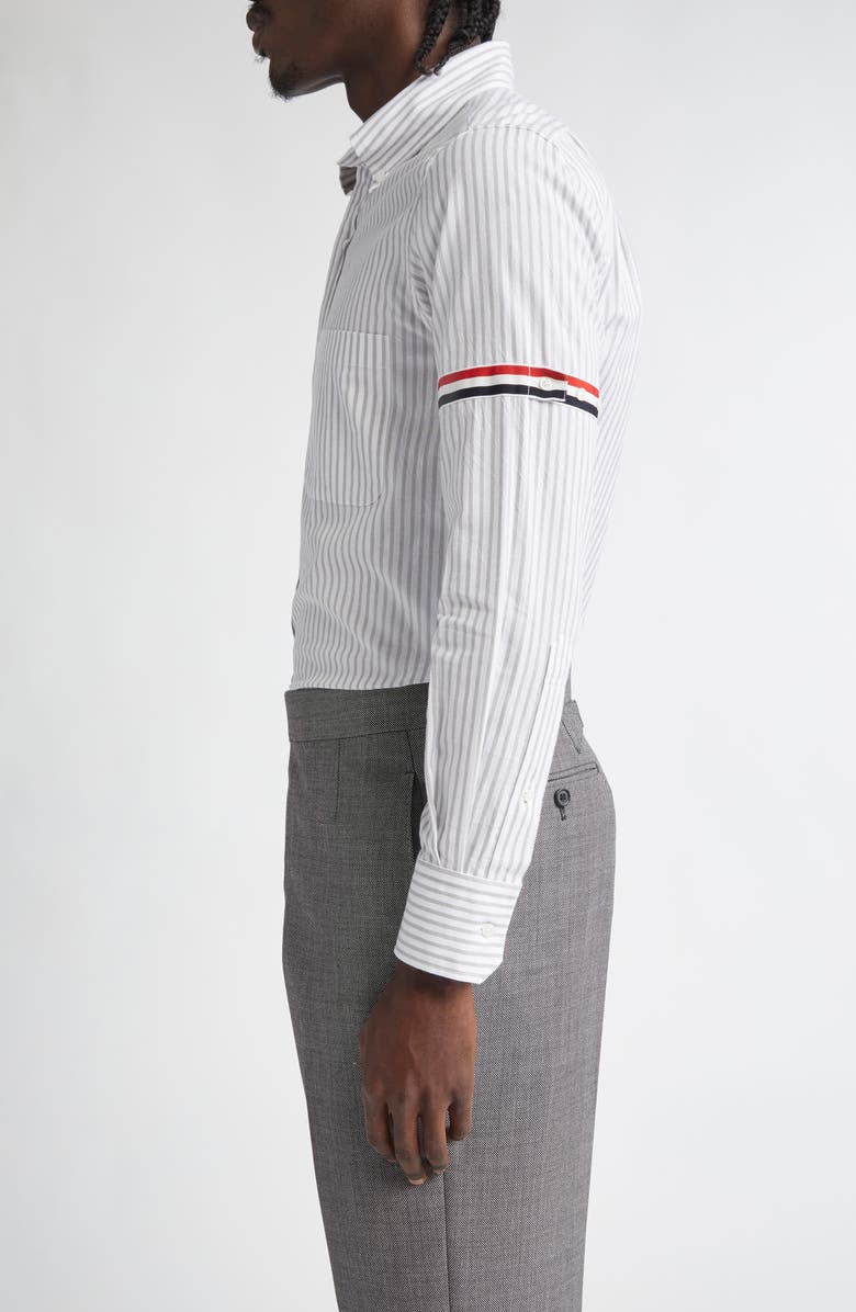 Thom Browne Armband Stripe Cotton Button-Down Shirt, Alternate, color, Medium Grey