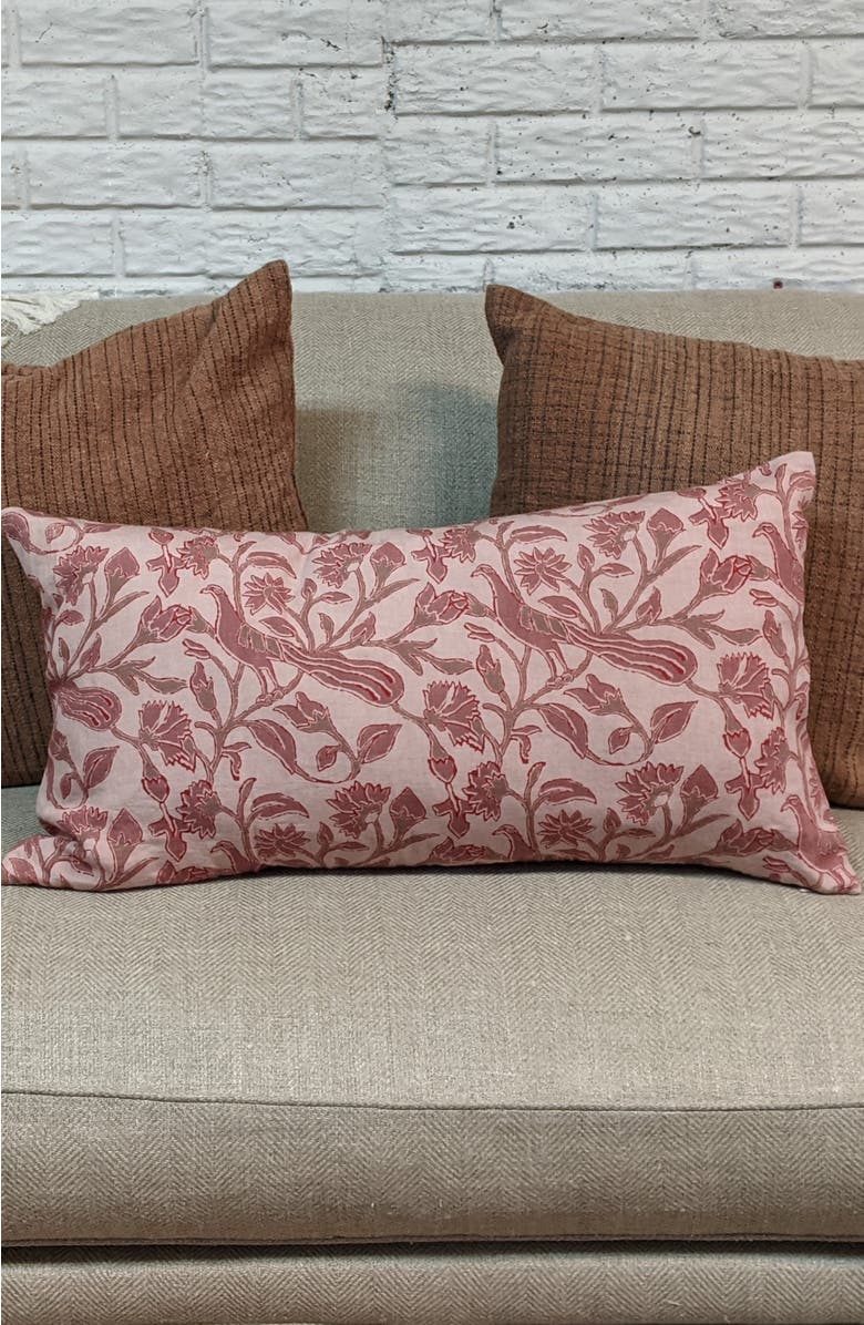 Alamwar Peacock Garden Lumbar Pillow Cover, Alternate, color, Coral/Clay/Rose On Sand