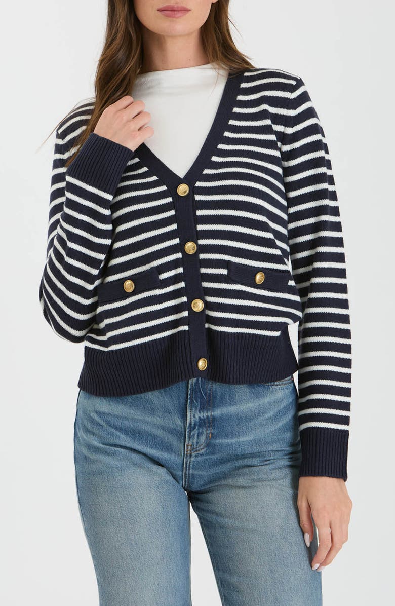 Blu Pepper Stripe V-Neck Cardigan, Main, color, Navy
