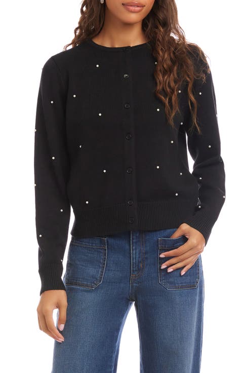 Faux Pearl Embellished Crewneck Cardigan