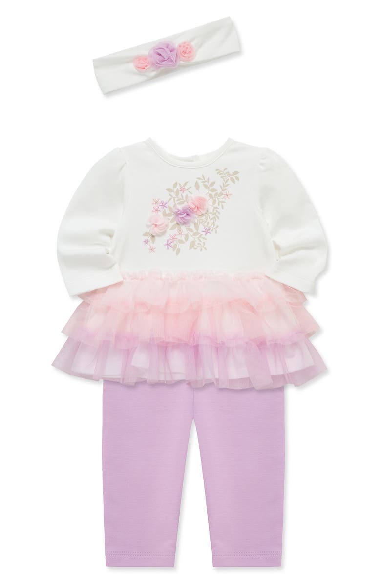 Little Me Floral Tiered Tulle Top, Leggings & Headband Set, Alternate, color, Lilac