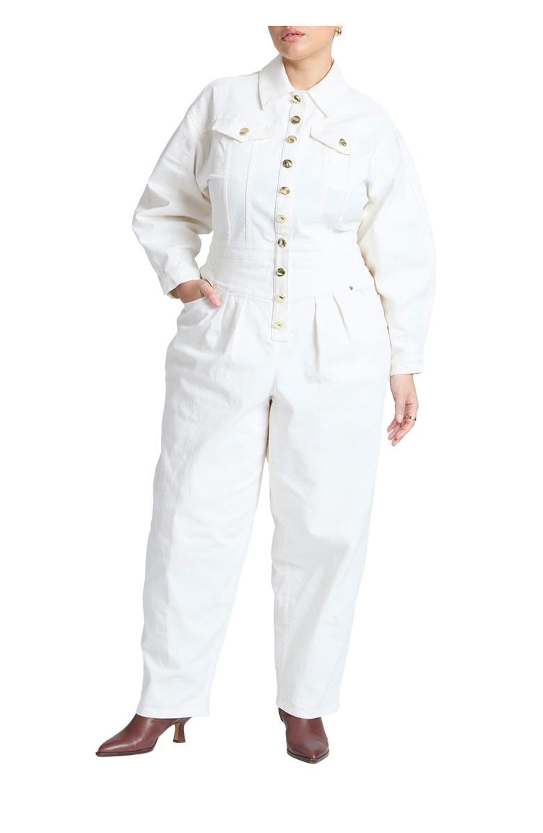 ELOQUII Gold Hardware Denim Jumpsuit, Main, color, White Wash