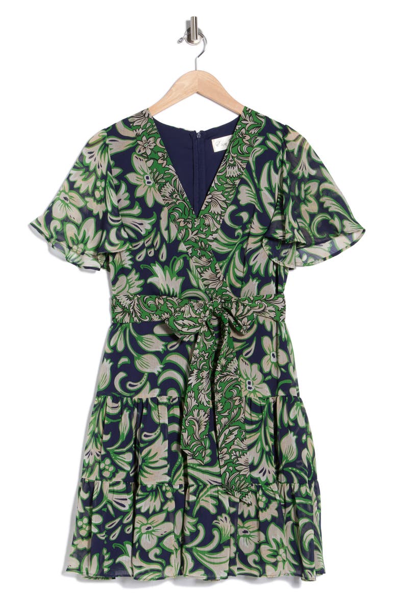 Floral V-Neck Flutter-Sleeved Minidress, Alternate, color, NAVY GREEN