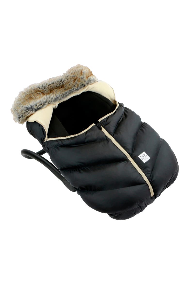 Water Repellent Faux Fur Trim Car Seat Cocoon, Alternate, color, BLACK FAUX FUR