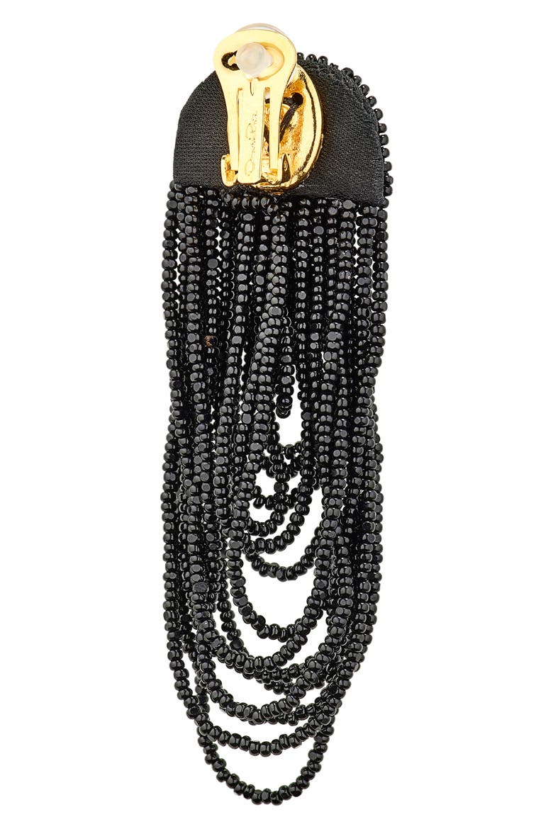 Beaded Double Curtain Clip-On Drop Earrings, Alternate, color, BLACK