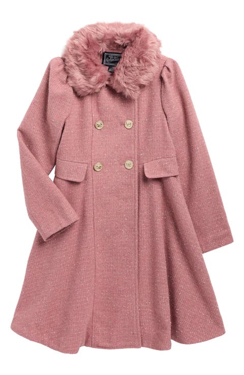 Kids' Princess Faux Fur Collar Double Breasted Tweed Coat (Big Kid)