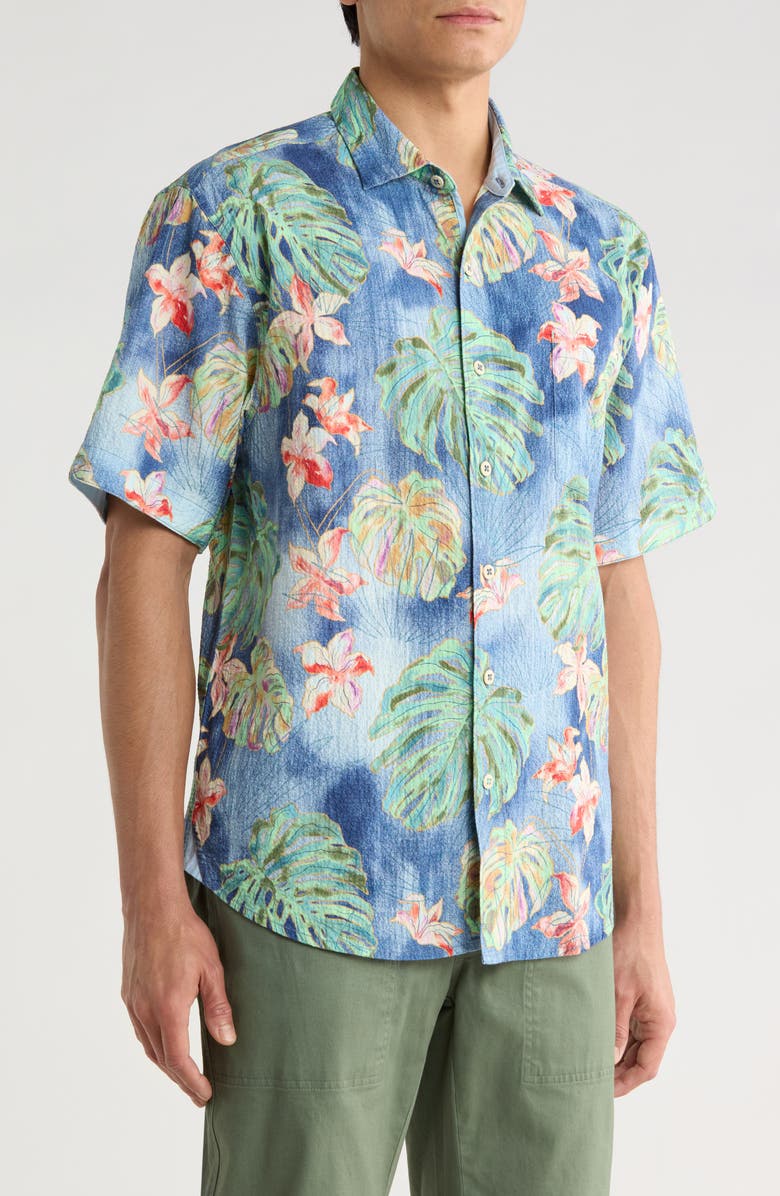 Tommy Bahama Nova Wave Mira Jungle Floral Short Sleeve Seersucker Button-Up Shirt, Alternate, color, Bering Blue