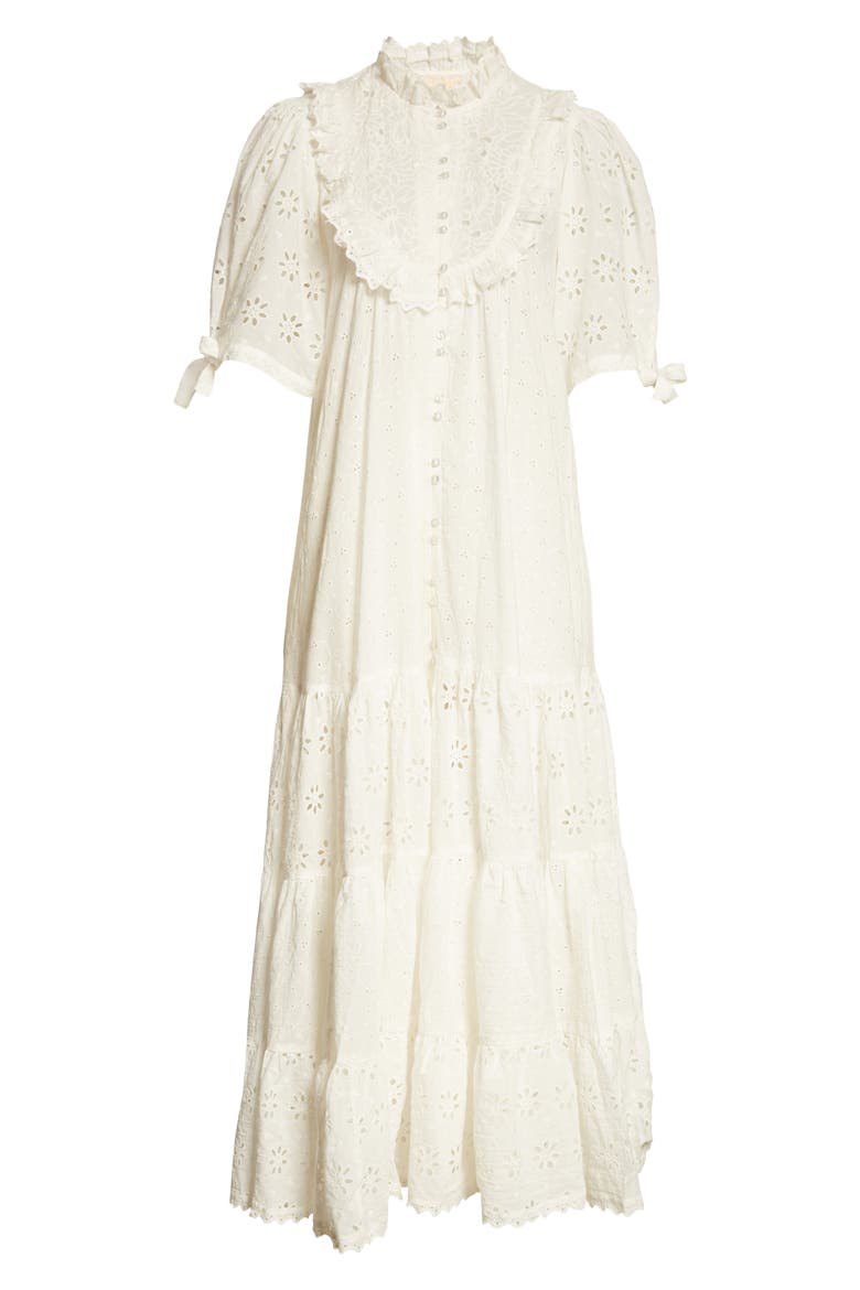 Broderie Anglaise Bib Front Midi Dress, Alternate, color, WHITE