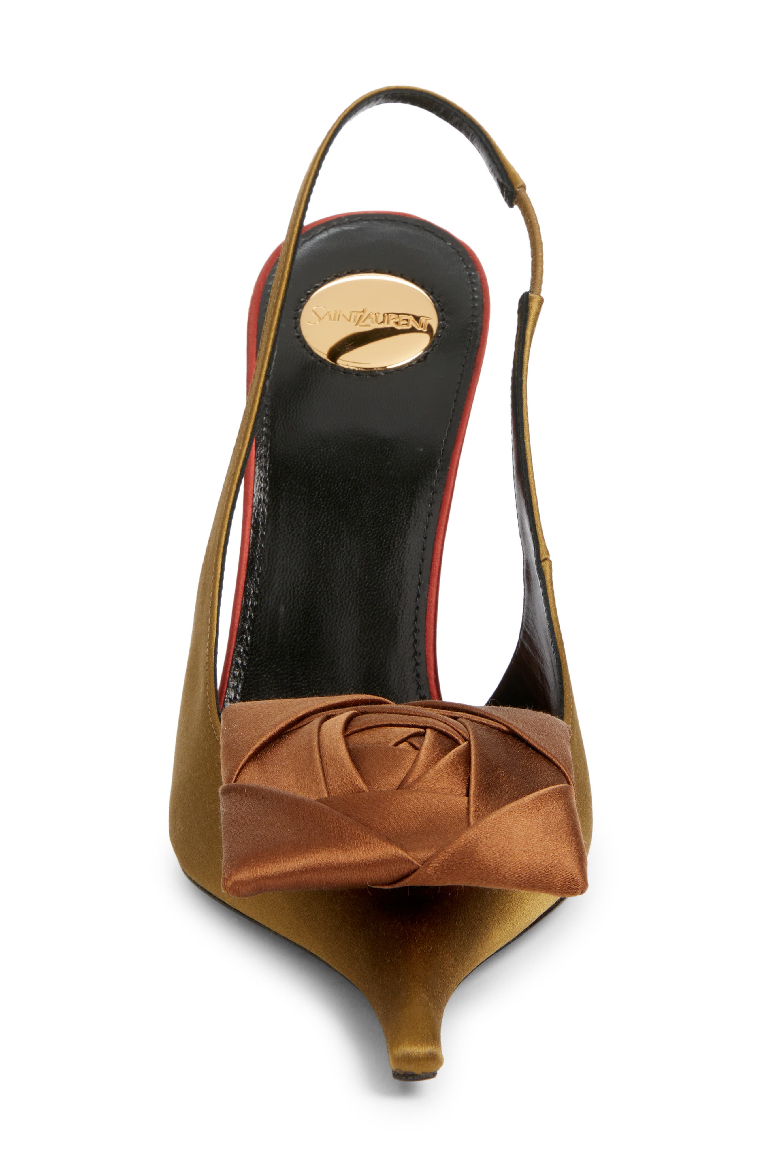 Saint Laurent Amalia Square Rose Pointed Toe Slingback Sandal, Alternate, color, Cuba Gold/ Deep Cognac