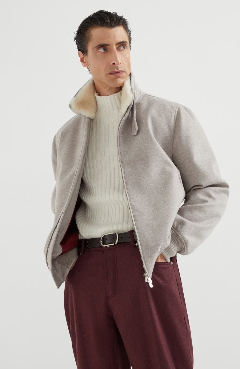 Brunello Cucinelli Cashmere beaver bomber jacket, Alternate, color, Bark