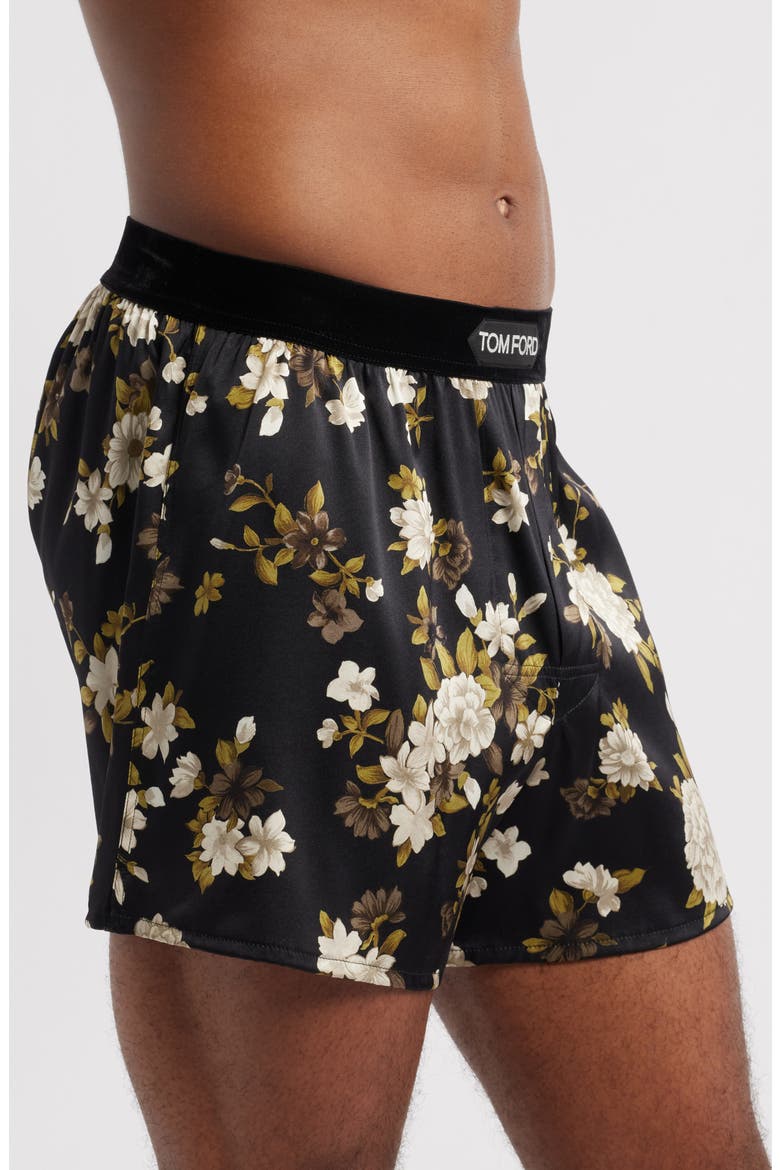 Floral Print Stretch Silk Boxers, Alternate, color, BLACK/ IVORY