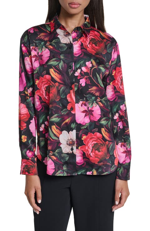 Printed Satin Button-Up Shirt