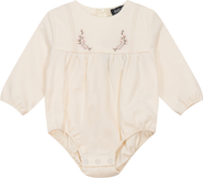 Space Grey Infant Cream Floral Embroidered Bubble Romper - Rayon-Spandex, Long Sleeve, Crewneck, Zipper and Snap Closure
