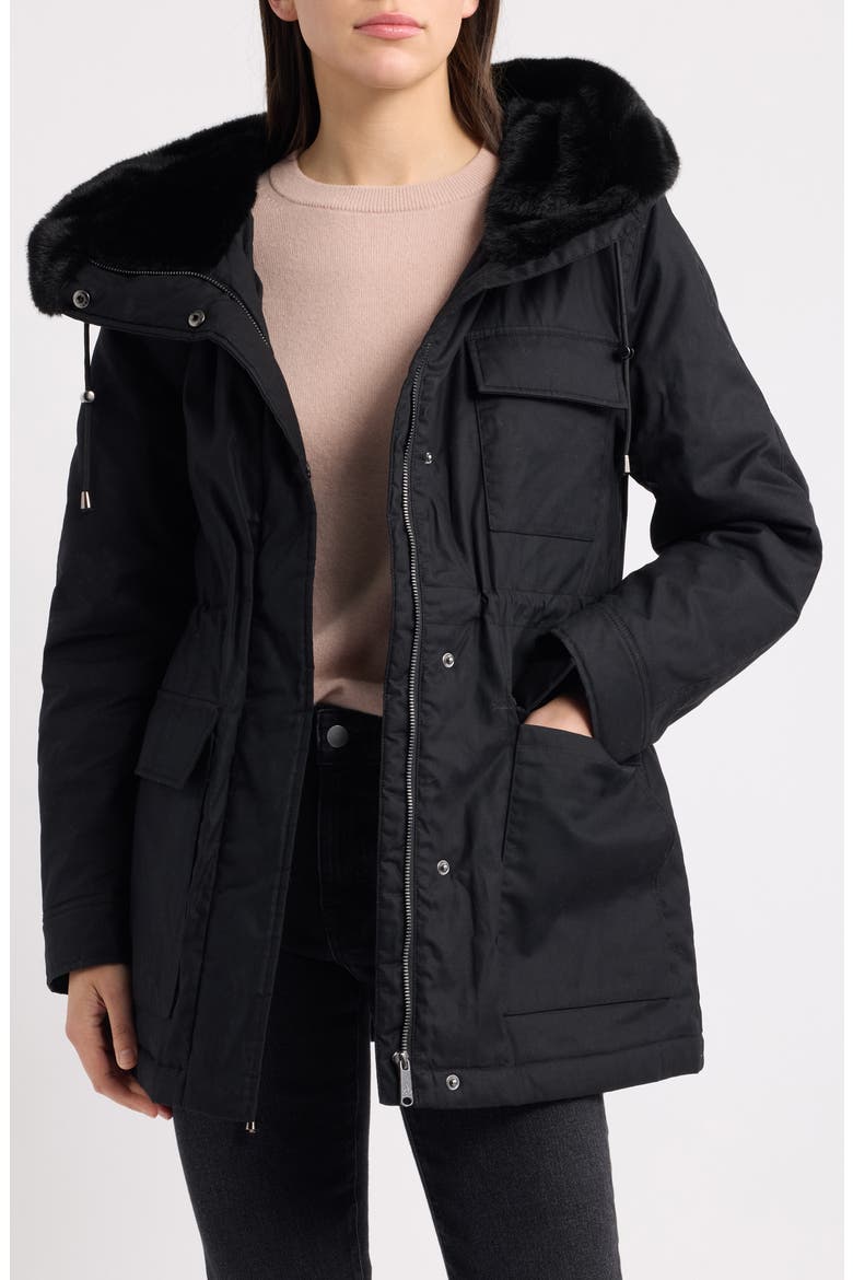 Faux Fur Lined Hood Cotton Anorak, Alternate, color, BLACK