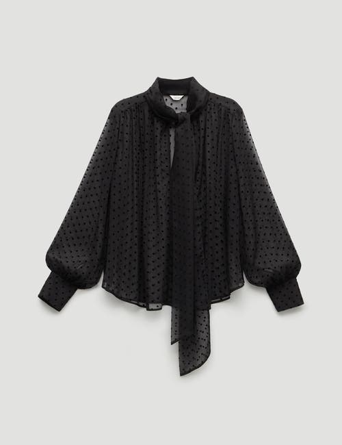 Hush Tie Neck Flocked Spot Blouse In Black