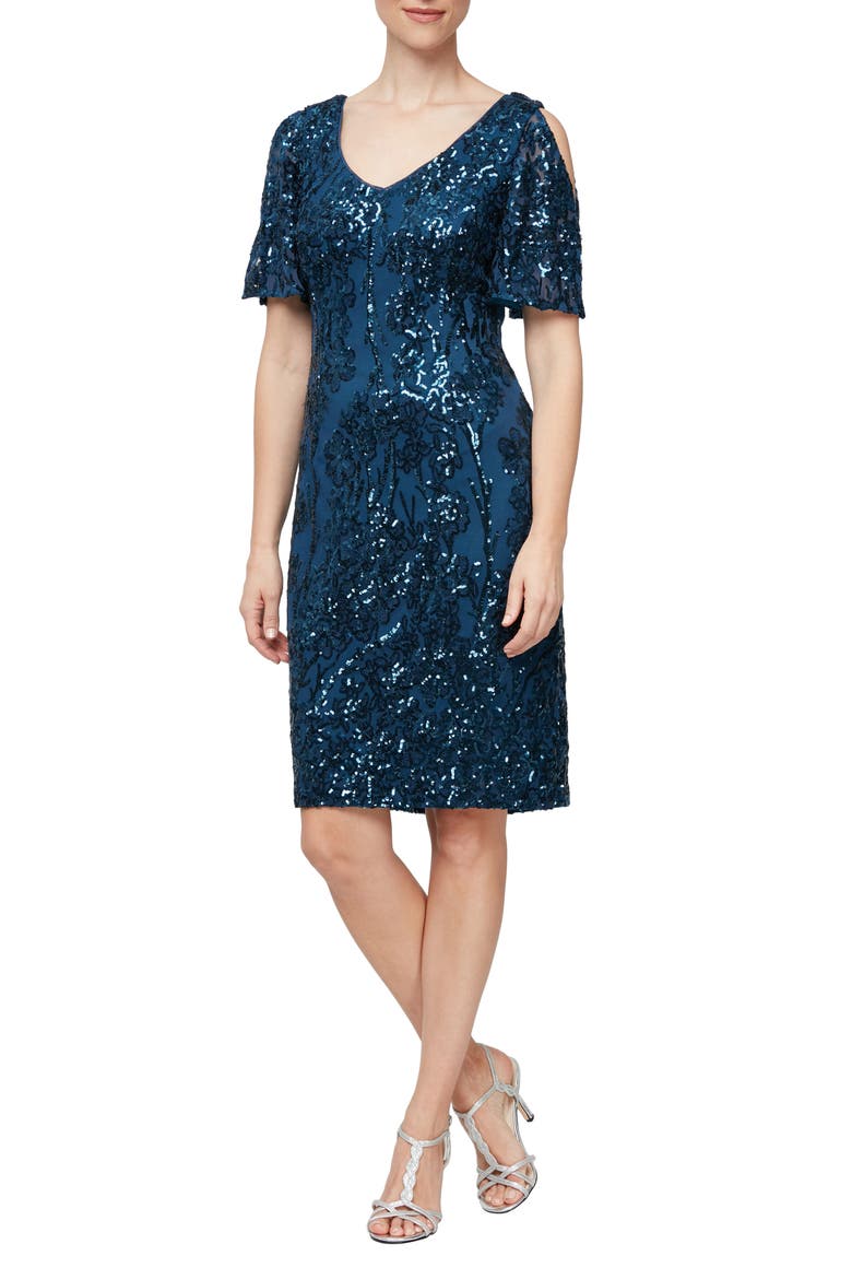 Slit Sleeve Sequin Cocktail Sheath Dress, Main, color, DEEP OCEAN