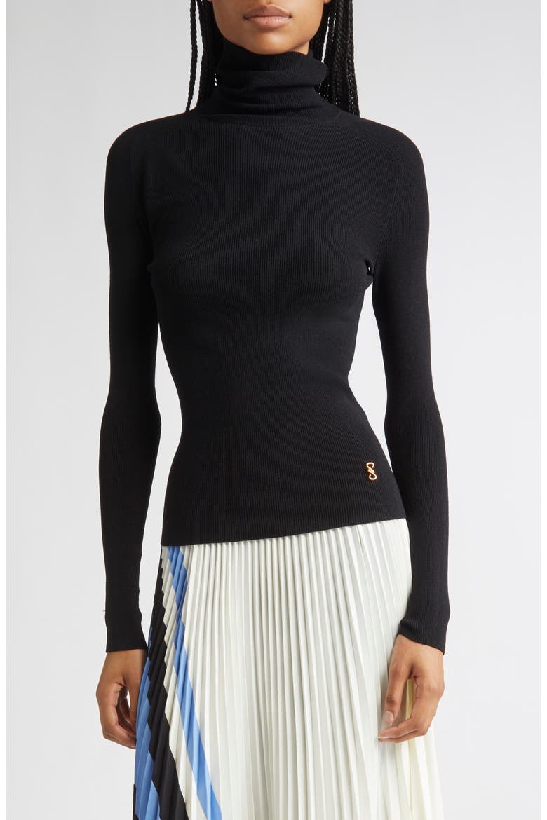 Fox Longline Logo Rib Turtleneck Top, Main, color, BLACK