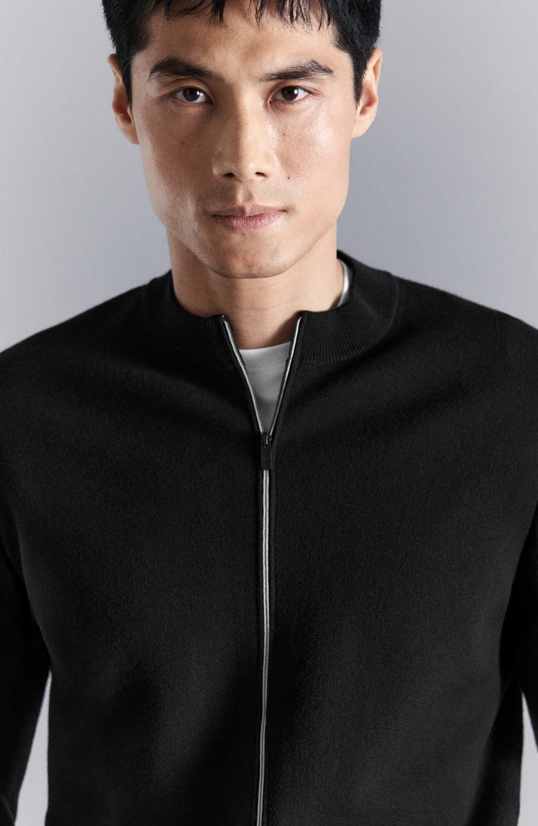 MANGO Comfort Stretch Crewneck Zip Cardigan, Alternate, color, Black