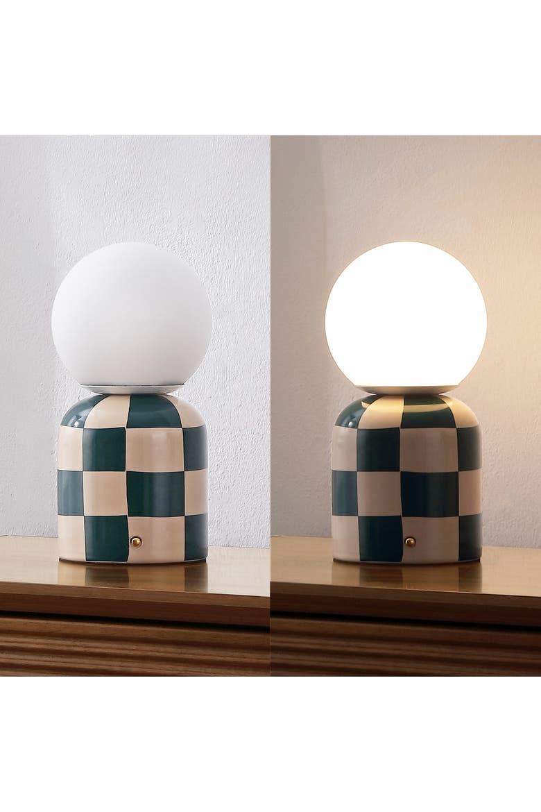 Zira Modern Checkerboard Ceramic Rechargeable Cordless Integrated Portable Dimmable with Frosted Globe Shade LED Table Lamp, Alternate, color, Dark Green/Cream