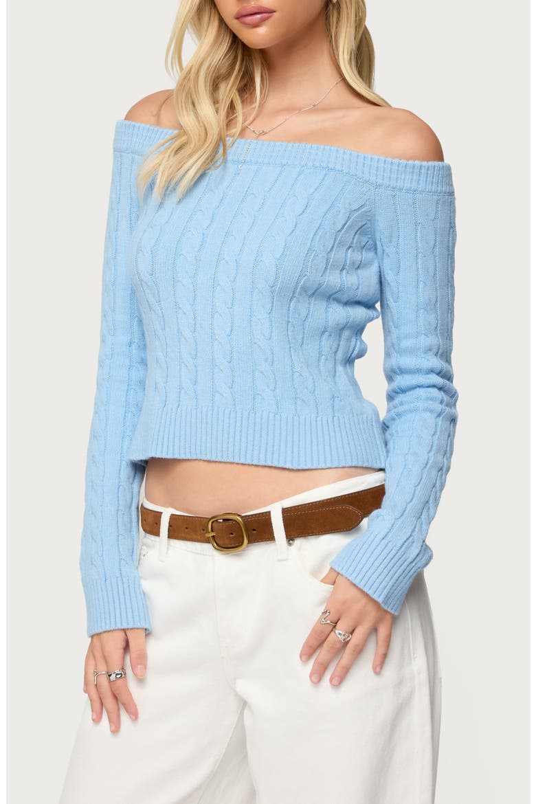 Tanzia Off the Shoulder Cable Stitch Sweater, Alternate, color, LIGHT-BLUE