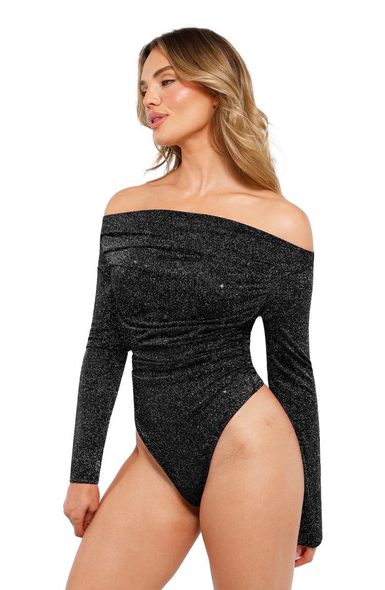 Popilush Shapewear Metallic Knit Long Sleeve Slimming Bodysuit, Alternate, color, Jet Black