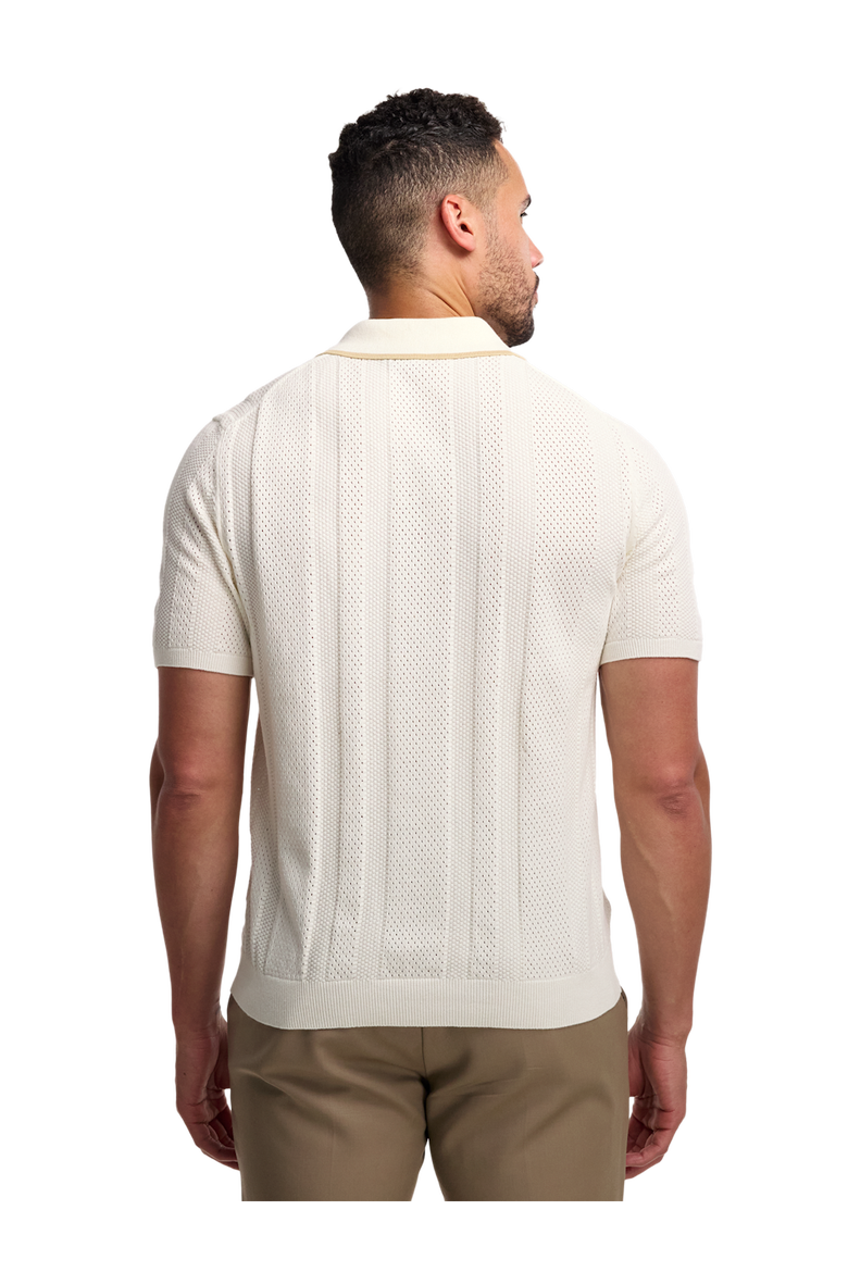 Cotton Crochet V-neck Polo, Alternate, color, White