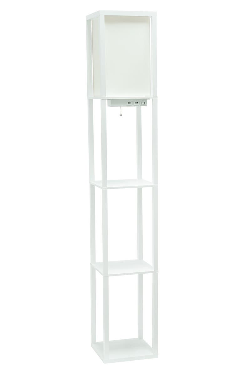 LALIA HOME Floor Lamp Etagere Organizer Storage Shelf with 2 USB Charging Ports - 1 Charging Outlet and Linen Shade - White, Main, color,
