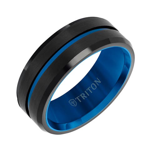 8MM Tungsten Carbide Ring with Satin Finish with Blue Center Line and Bevel Edge