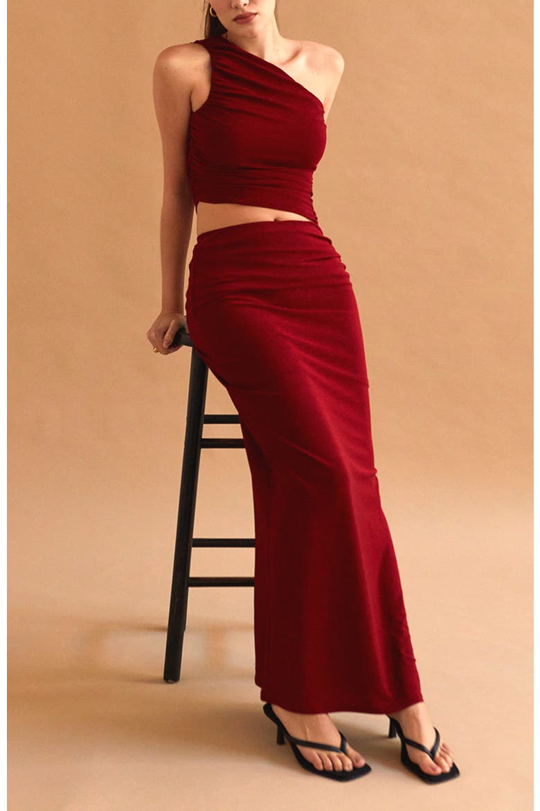 One Shoulder Knit Top & Skirt Set, Alternate, color, Ruby