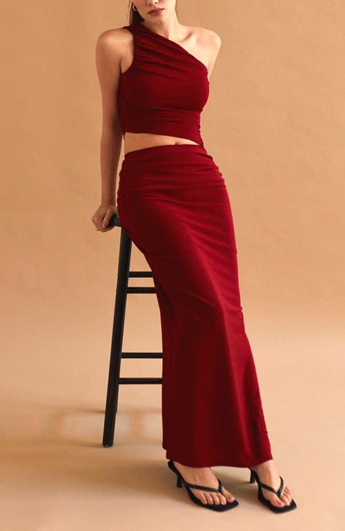 Crescent One Shoulder Knit Top & Skirt Set In Ruby