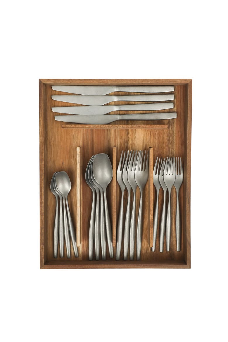 20 Piece Stone Washed Flatware 18/10 Stainless Steel Silverware Cutlery Utensil Set with Acacia Wood Caddy, Main, color, Stone Washed Silver