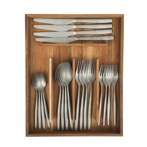 20 Piece Stone Washed Flatware 18/10 Stainless Steel Silverware Cutlery Utensil Set with Acacia Wood Caddy
