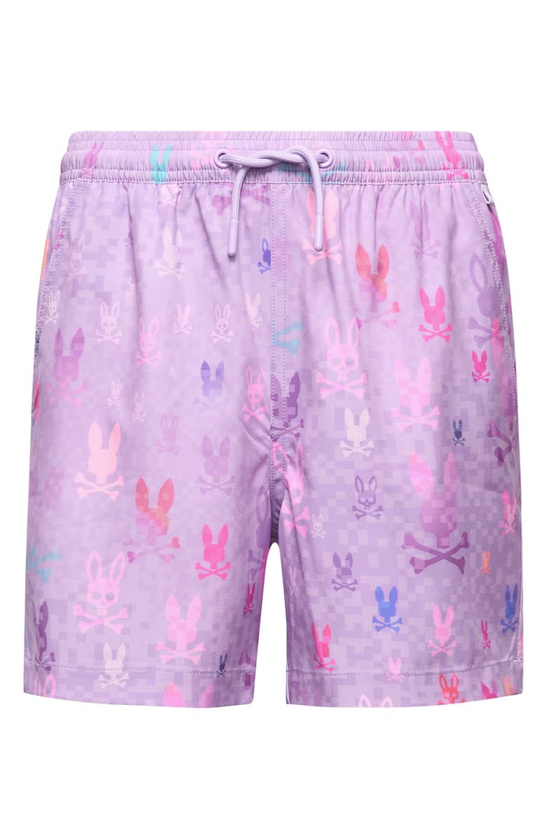 Psycho Bunny Kids' Van Lightweight Bunny Print Swim Trunks, Main, color, Lavendula