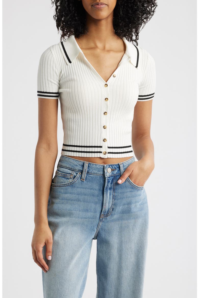 Tipped Short Sleeve Rib Polo Sweater, Main, color, WHITE