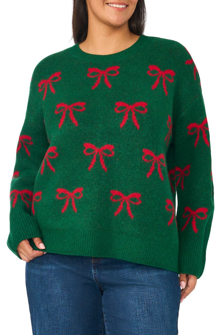 Bow Pattern Crewneck Sweater, Main, color, ALPINE GREEN/GLAMOUR RED