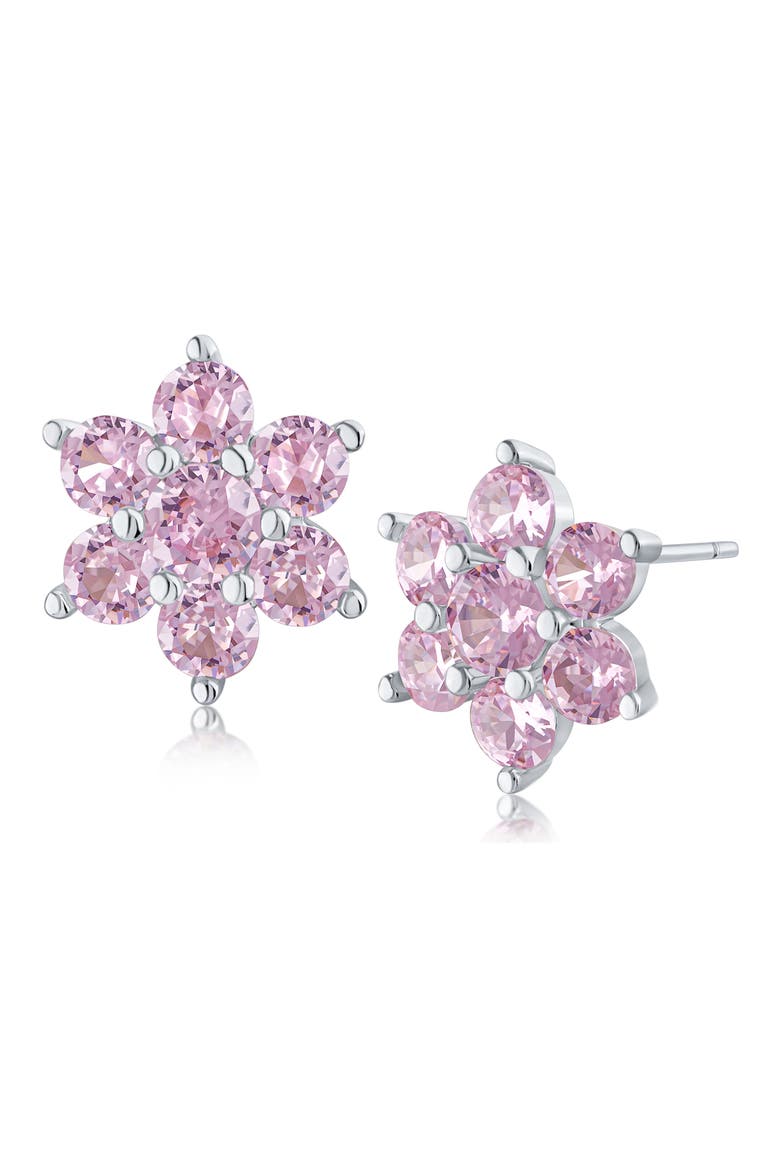 Round Cubic Zirconia Flower Stud Earrings, Main, color, PINK/ SILVER