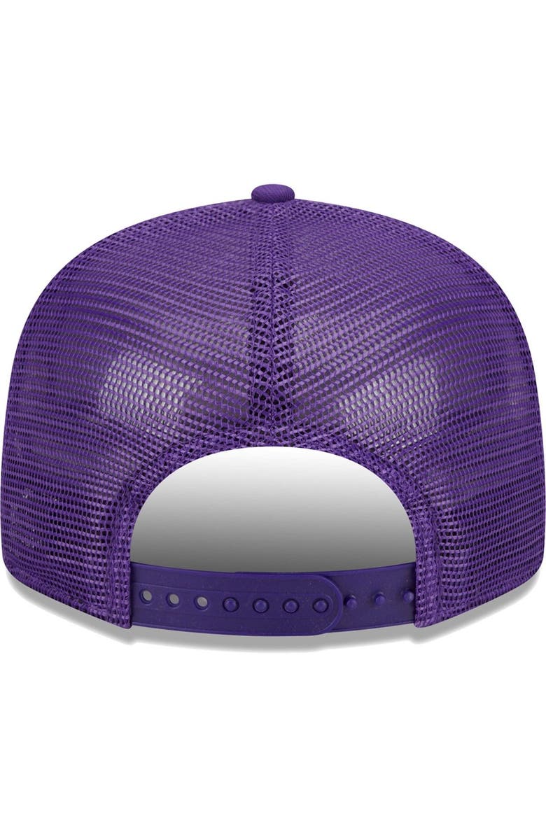 New Era Men's New Era Purple Los Angeles Lakers Stacked Script 9FIFTY Trucker Snapback Hat, Alternate, color,