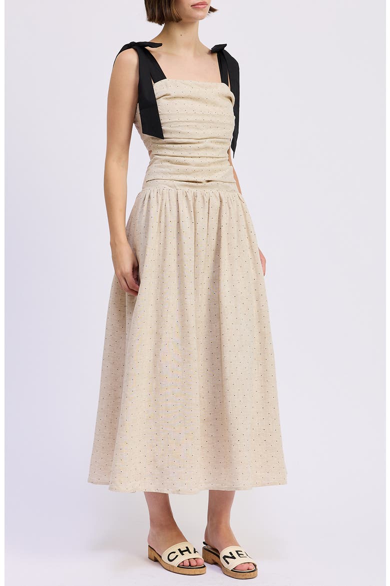 Blakely Pin Dot Tie Strap Midi Dress, Alternate, color, NATURAL BLACK