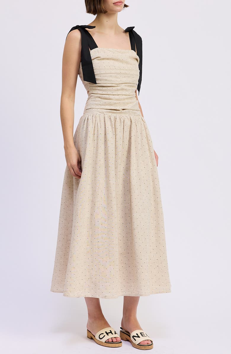 En Saison Blakely Pin Dot Tie Strap Midi Dress, Alternate, color, Natural Black