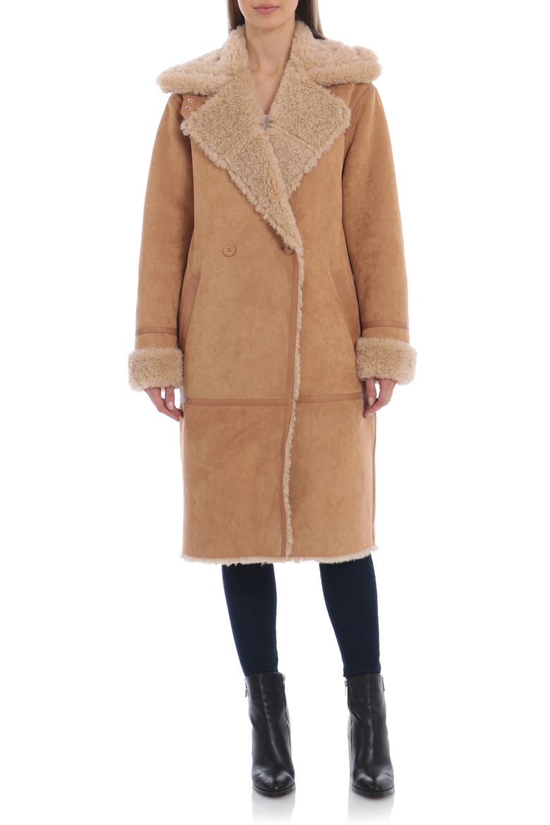 Faux Shearling Double Breasted Coat, Alternate, color, TOFFEE