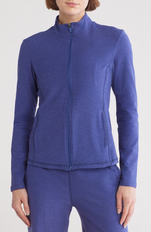 Beyond Yoga On The Go Mock Neck Jacket In Eternal Blue Heather