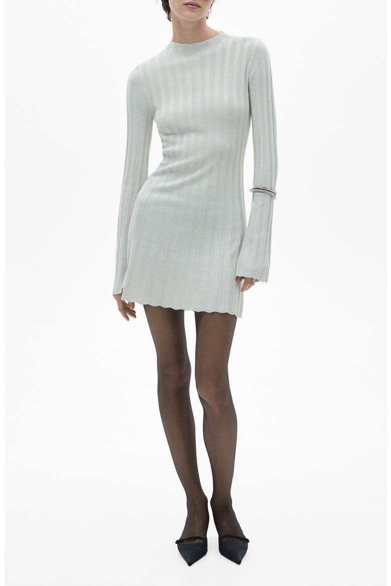Sparkle Funnel Neck Long Sleeve Rib Minidress, Main, color, BEIGE