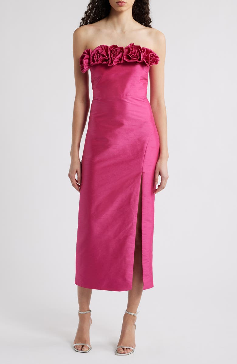 LIKELY Gwen Rosette Strapless Midi Dress, Main, color, Fuchsia