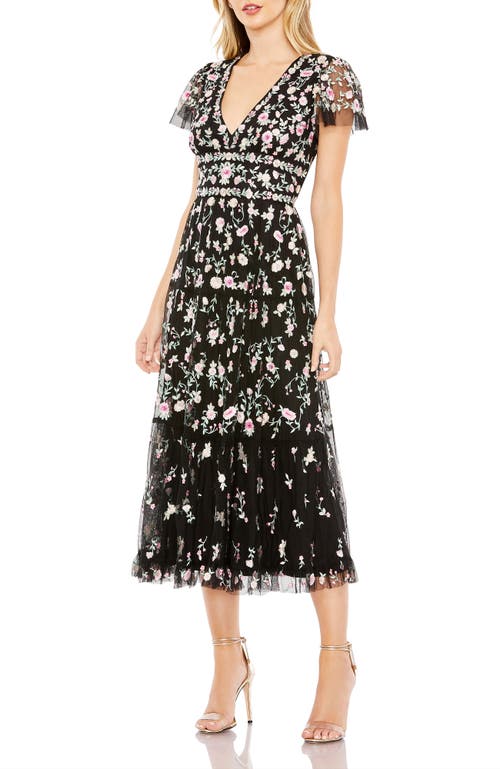 MAC DUGGAL MAC DUGGAL EMBROIDERED V NECK CAP SLEEVE MIDI DRESS 