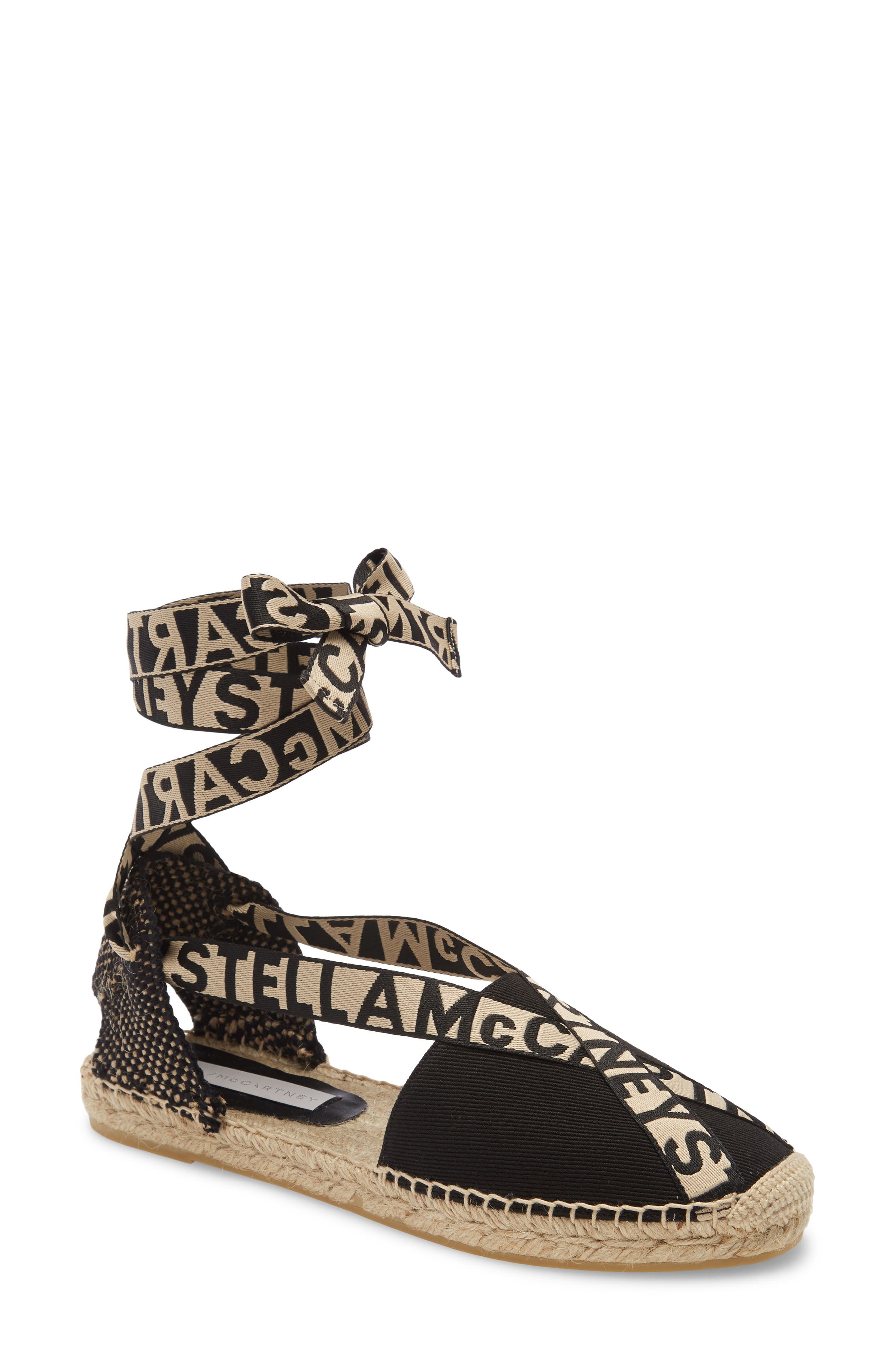 Stella McCartney Gaia Logo Ankle Wrap Espadrille Flat, Main, color, 
