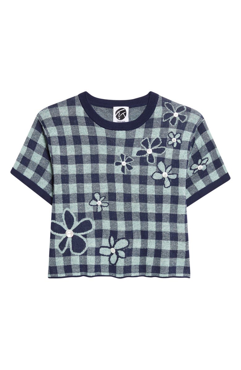 YanYan Gingham Flower Cotton & Linen Blend Jacquard Sweater, Alternate, color, Mint/ Midnight