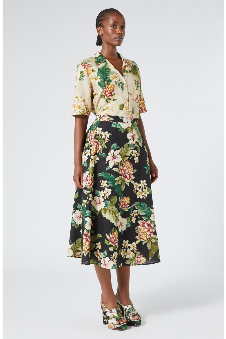Tambuto Floral Linen & Cotton A-Line Skirt, Alternate, color, BLACK