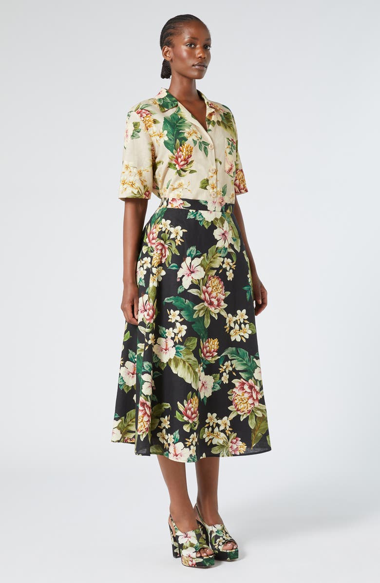 Marina Rinaldi Tambuto Floral Linen & Cotton A-Line Skirt, Alternate, color, Black