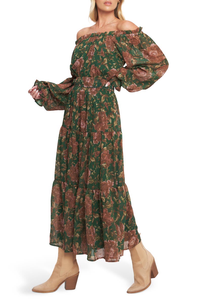 FLYING TOMATO Floral Off-the-Shoulder Maxi Dress, Alternate, color, Green